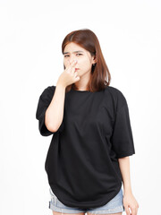 Smelling something stinky and disgusting Of Beautiful Asian Woman Isolated On White Background