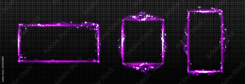 Poster set of purple rectangular lightning frames png isolated on transparent background. realistic vector 