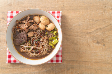 Thai noodle with pork, stewed pork, meatball and pork liver in blood soup