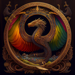 Obraz premium A rainbow dragon encircled in gold created with generative AI technology 