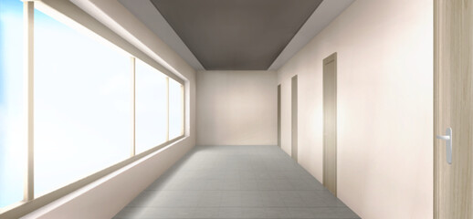 Empty white hall or room perspective with many wooden doors and large window. Realistic vector illustration of hospital, hotel, university or office building interior design. Modern architecture