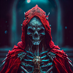 An alien skeleton with a halo red cloak wearing 