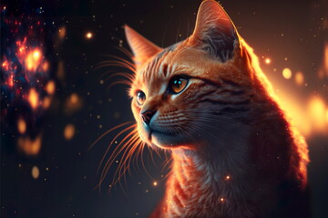 Сat in flames with glowing eyes against the background of the starry sky