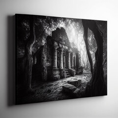 An ancient ruins in the woods in black and white created with generative AI technology