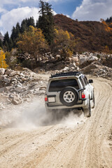 Plakat White SUV climbs a dusty road in the autumn highlands, vertical.