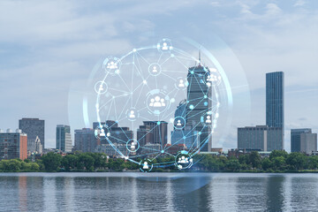 Panorama skyline, city view of Boston at day time, Massachusetts. Financial downtown. Glowing Social media icons. The concept of networking and establishing new business connections between people