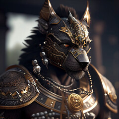 An anthropomorphic wolf wearing armor 
