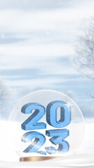 New year 2023 blue 3d on a winter snow background - Vertical