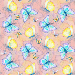 Meadow blue, yellow butterflies watercolor seamless pattern on pink.