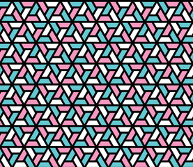 Rotation of maze triangle pattern on red, white and green background. Colorful abstract art. Black stripe triangle shape on green, red and white backdrop. Abstract background.