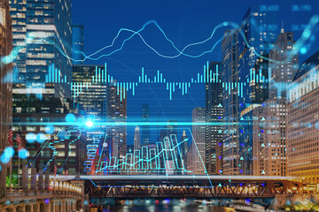 Fototapeta na wymiar Panorama cityscape of Chicago downtown and Riverwalk, boardwalk, night time, Illinois, USA. Forex candlestick graph hologram. The concept of internet trading, brokerage and fundamental analysis