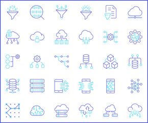 Simple Set of big data Related Vector Line Icons.
Vector collection of database, network, processing, analytics, search, mining, filter, flow, cloud and design elements symbols or logo elements