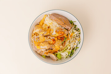 Bun mam nem, Vietnamese rice noodle with pork and fermented anchovy dipping sauce, Vietnamese food isolated on white background, top view