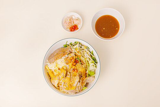 Bun mam nem, Vietnamese rice noodle with pork and fermented anchovy dipping sauce, Vietnamese food isolated on white background, top view