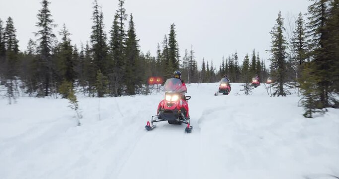 Snowmobile expedition across a forest in Lapland, Sweden