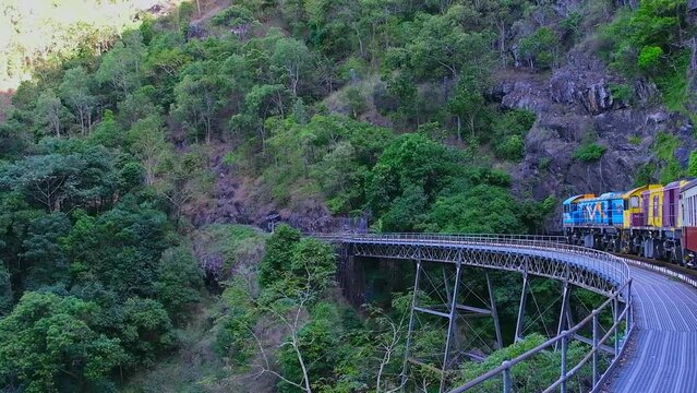 A footage of train going through beautiful Kuranda city, Queensland, Australia
