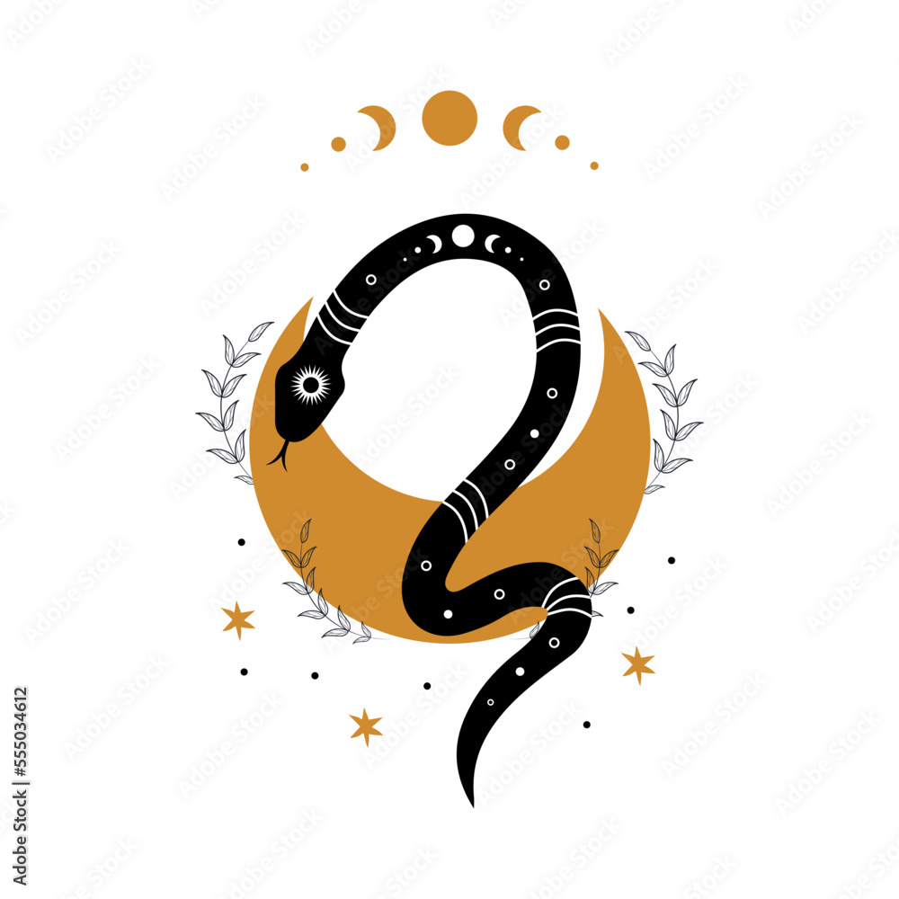 Wall mural magic snake in boho style with moon. mystical symbol in a trendy minimalist style. esoteric vector i