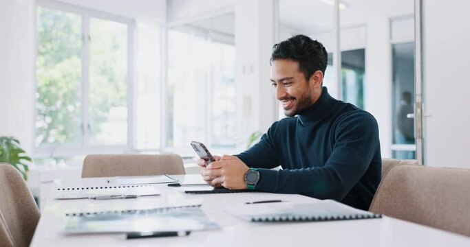 Business man, phone and typing in office, texting or social media. Tech, break and happy male employee sitting in boardroom alone with mobile smartphone for networking, research or internet browsing
