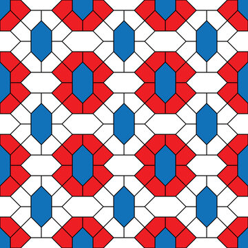 Red and blue diamond shape and black diagonal line pattern on white background. Linked diagonal line and hexagon shape. Red and blue lattice pattern on white background. Abstract maze backdrop.