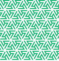 Rotation of maze triangle pattern on white background. Monochrome abstract art. Green stripe triangle shape on white backdrop. Abstract background.