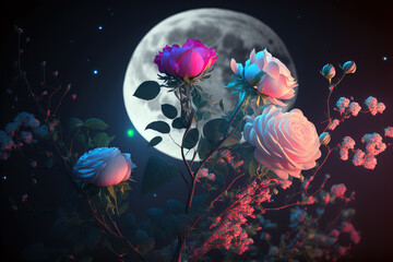 Fototapeta na wymiar Beautiful pink, blue and white rose branches with beautiful full moon in the distant sky. Roses for Valentine Day. Digital artwork