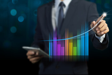 businessman draws arrowhead point up as the growth of the business, economy, marketing, career...