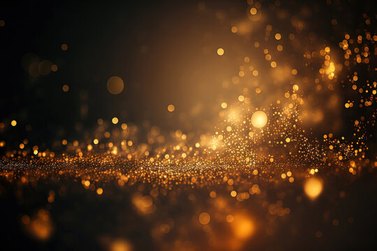 Abstract luxury gold background with gold particle. glitter vintage lights background. Christmas Golden light shine particles bokeh on dark background. Gold foil texture. Holiday concept