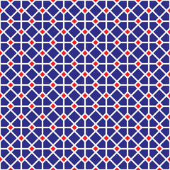 White line pattern and red square on blue background. A linked diagonal line shape. White lattice on blue backdrop.