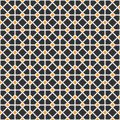 White line pattern and orange square on black background. A linked diagonal line shape. White lattice on black backdrop.