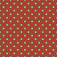 Green line pattern and white square on red background. A linked diagonal line shape. Green lattice on red backdrop.