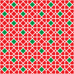 Fototapeta premium White line pattern and green square on red background. A linked diagonal line shape. White lattice on red backdrop.