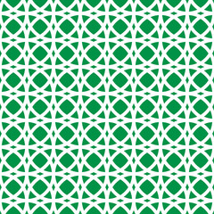 White circle interlaced pattern on green background. White interlocking pattern on green backdrop.