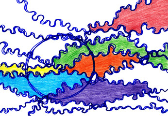 Abstract zentangle pattern background with bulbs in bright colors. Hand drawn pencil on paper texture. Raster