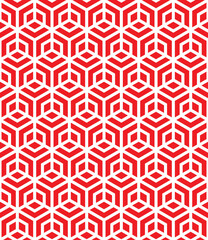 White hexagon shape on red background.