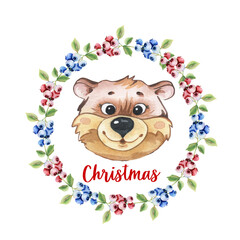 Bear is a cute animal forest landscape. Watercolor cartoon bear. Cute character. Hand drawn illustration. A sprig of red and blue berries wreath. For postcards, children's items, printed materials