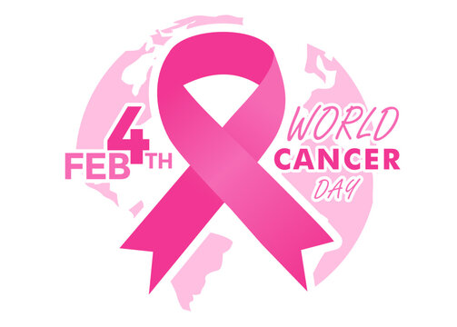 flat design World Cancer Day with Ribbon and World Map