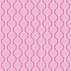 White maze circle and white line pattern on pink background. Colorful seamless interlocking circle pattern on pink backdrop.