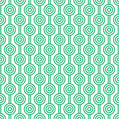 Green maze circle and white line pattern on white background. Colorful seamless interlocking circle pattern on white backdrop.