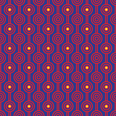 Red maze circle and white line pattern on blue background. Colorful seamless interlocking circle pattern on blue backdrop.