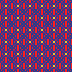 Red maze circle and white line pattern on blue background. Colorful seamless interlocking circle pattern on blue backdrop.