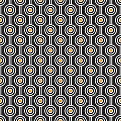 Orange maze circle and white line pattern on black background. Colorful seamless interlocking circle pattern on black backdrop.