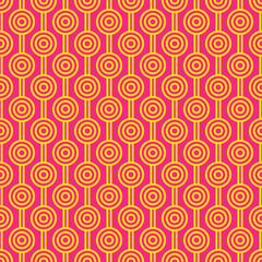 Yellow  maze circle and white line pattern on red background. Colorful seamless interlocking circle pattern on red backdrop.