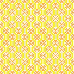 Pink maze circle and white line pattern on yellow background. Colorful seamless interlocking circle pattern on yellow backdrop.