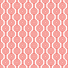 Fototapeta premium Red maze circle and white line pattern on white background. Colorful seamless interlocking circle pattern on white backdrop.