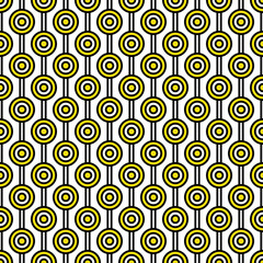 Fototapeta premium Yellow maze circle and black line pattern on white background. Colorful seamless interlocking circle pattern on white backdrop.