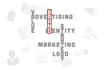 Brand concept. Illustration with text and icons, crossword puzzle on a white background