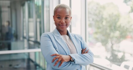 Business woman, face or arms crossed in modern office with marketing innovation, advertising vision or branding ideas. Portrait, smile or happy creative designer with confidence for about us website