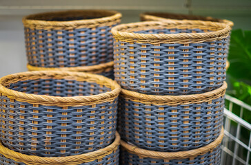 Collection of blue handmade rattan baskets. Handmade wicker basket Made from natural bamboo and rattan.