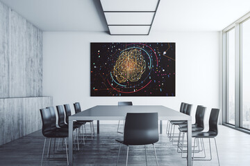 Creative artificial Intelligence concept with human brain sketch on tv display in a modern presentation room. 3D Rendering