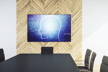 Creative artificial Intelligence concept with human head sketch on tv display in a modern presentation room. 3D Rendering